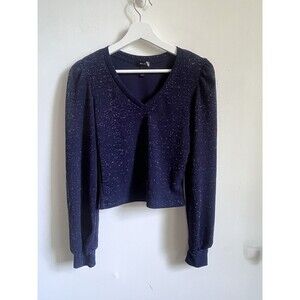 Aqua Crop Top Navy Metallic Ballon Sleeve Puff Shoulder Sz S Romantic